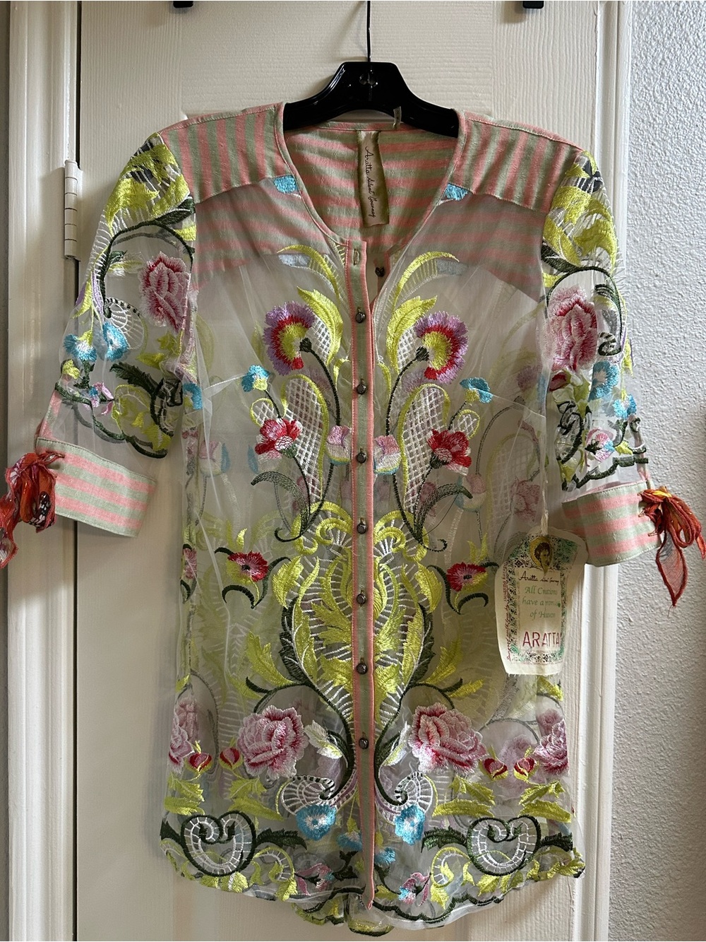 Arratta Silent Journey multi color embroidered mesh button down top. Size Small.